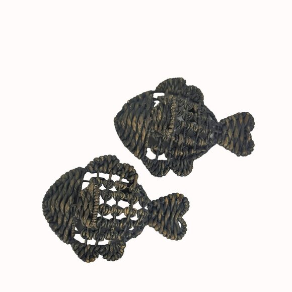 Woven Wicker Rattan Fish Shaped Hanging Wall Decor Set Of 2 Dark Gray - Picture 2 of 5